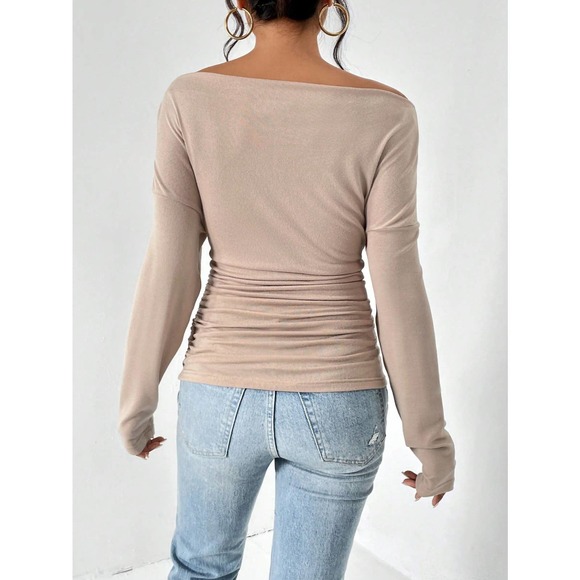TAN cold shoulder off the shoulder long sleeve Ruched Tee - Picture 2 of 5